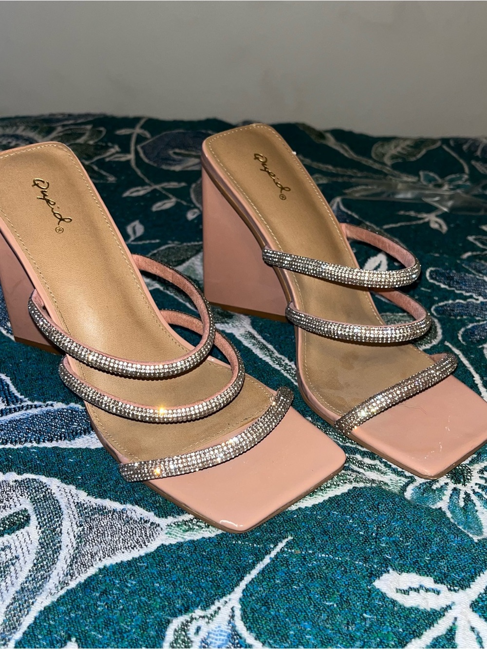 Embellished rhinestone Pink Block Heel Sandals